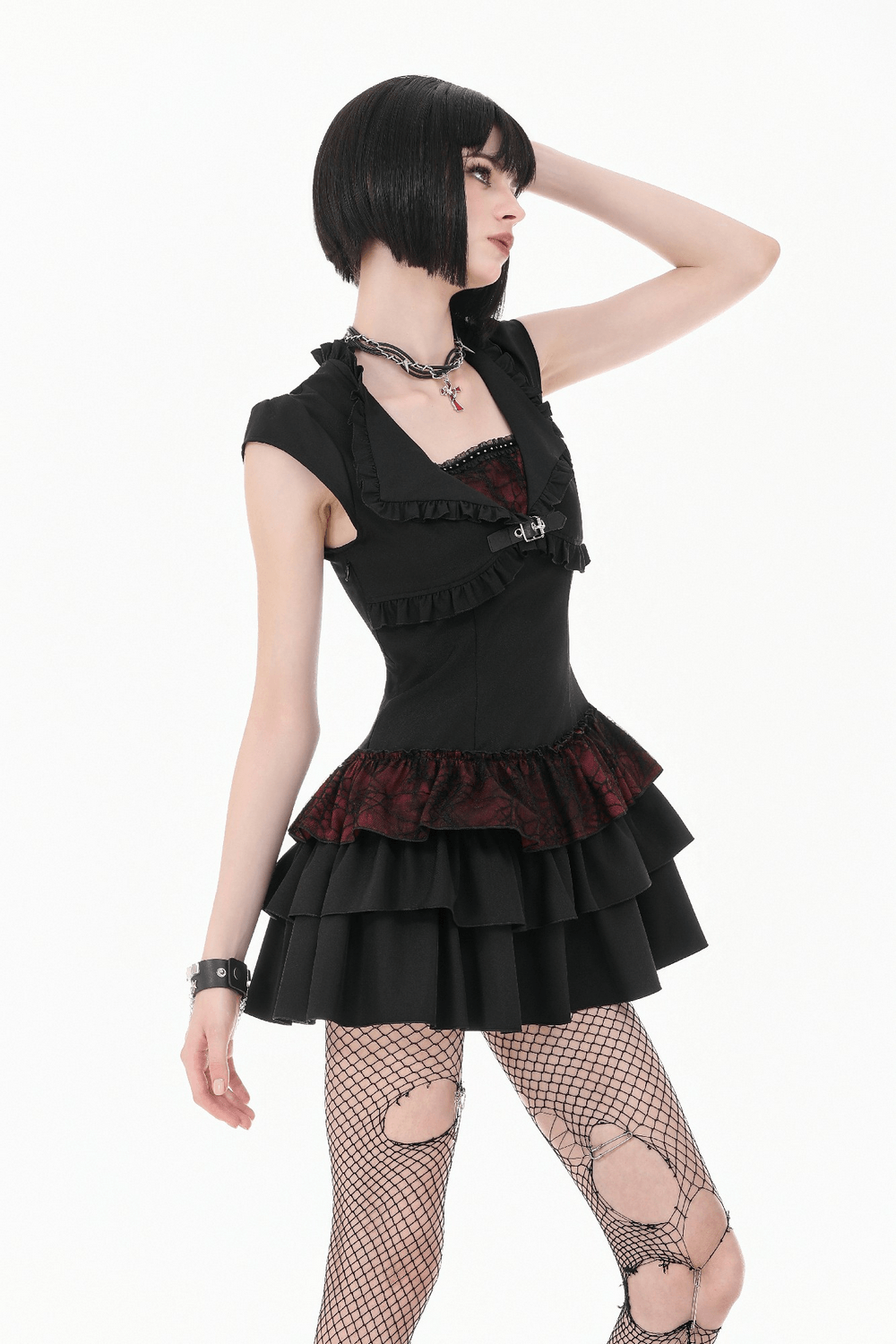 US SALE of Black Gothic Lolita Mini Dress with Ruffled Layers
