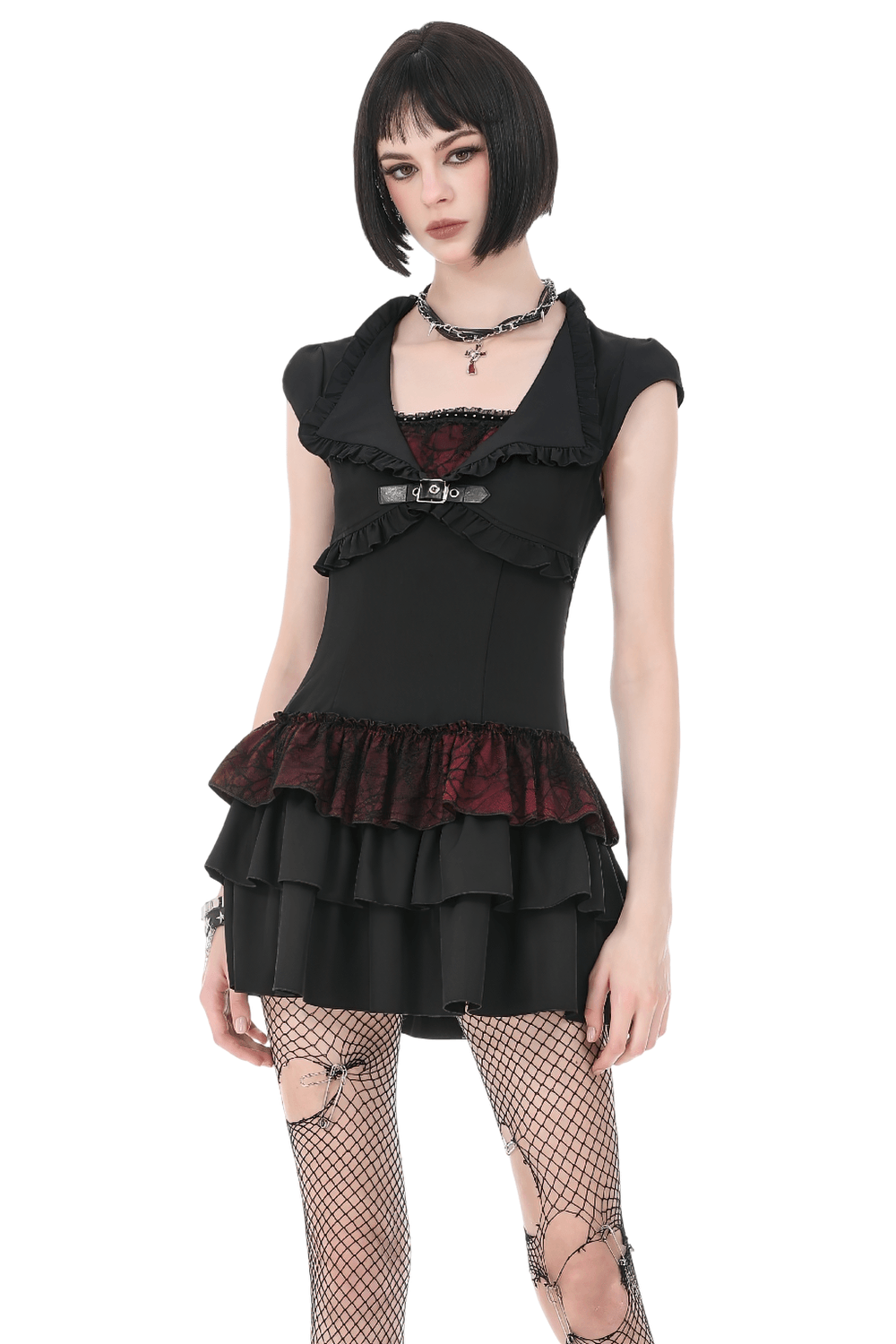 US SALE of Black Gothic Lolita Mini Dress with Ruffled Layers