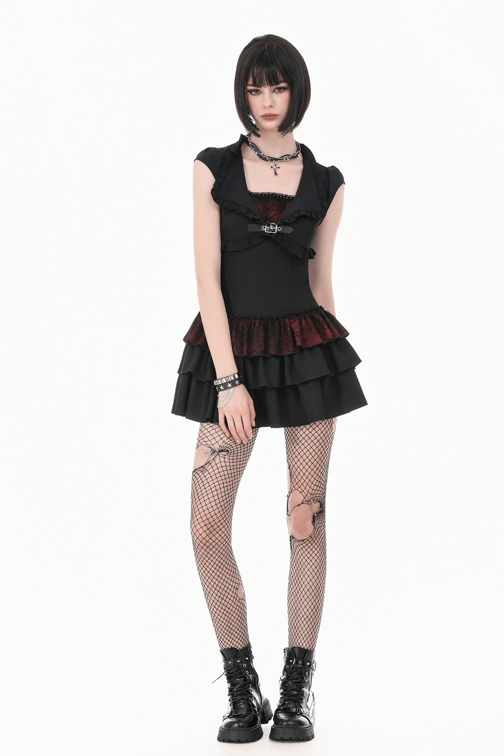 US SALE of Black Gothic Lolita Mini Dress with Ruffled Layers