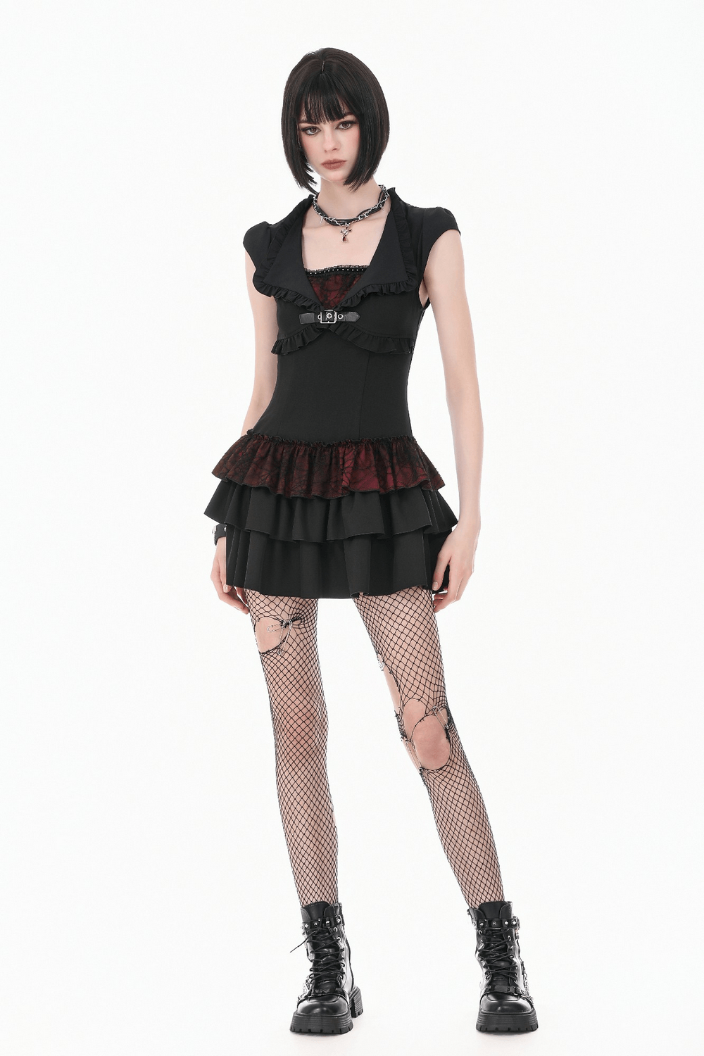 US SALE of Black Gothic Lolita Mini Dress with Ruffled Layers