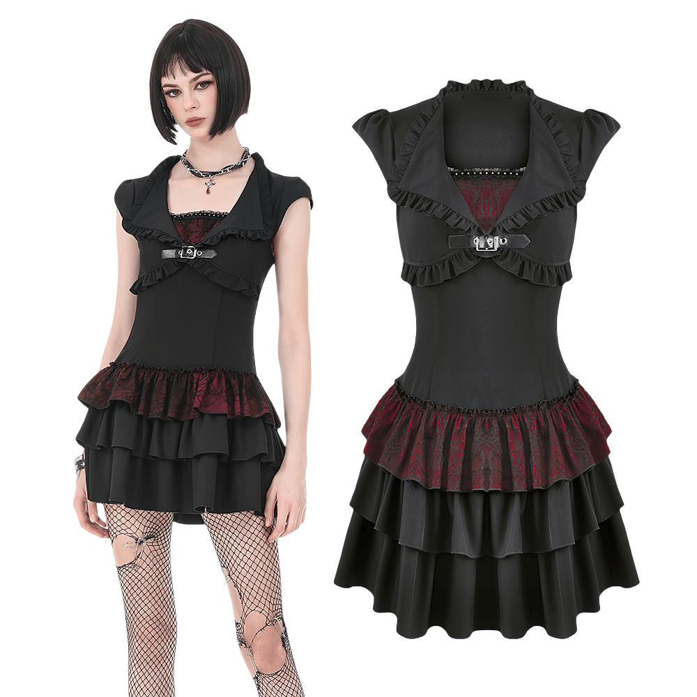 US SALE of Black Gothic Lolita Mini Dress with Ruffled Layers