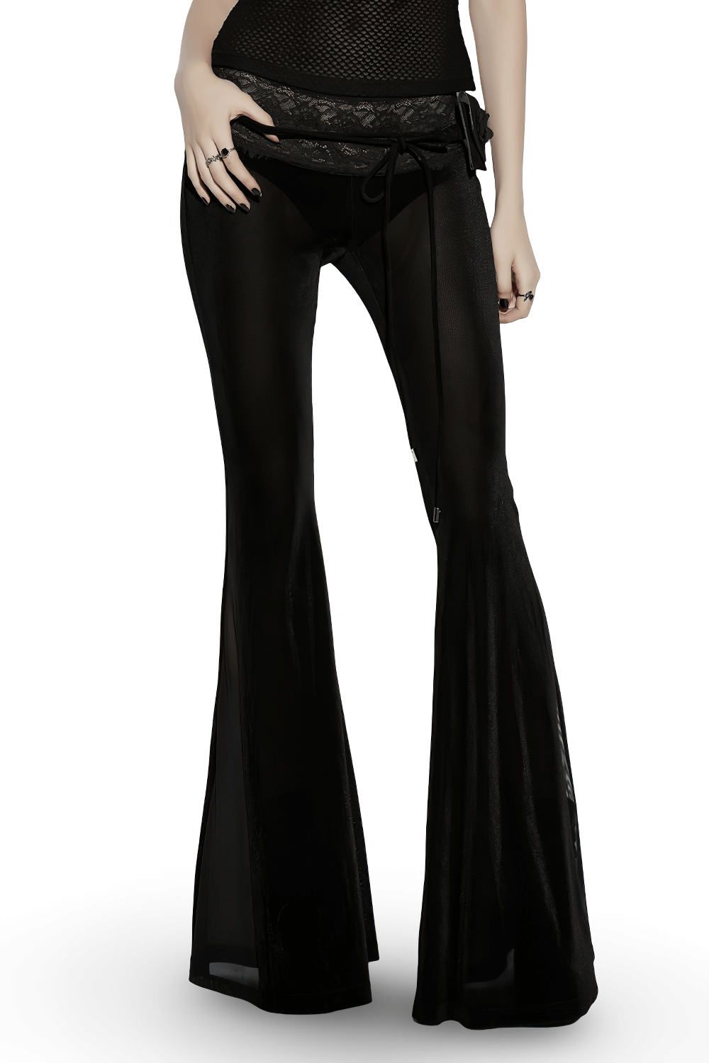 Black Gothic Low Waist Flared Pants with Lace Waist