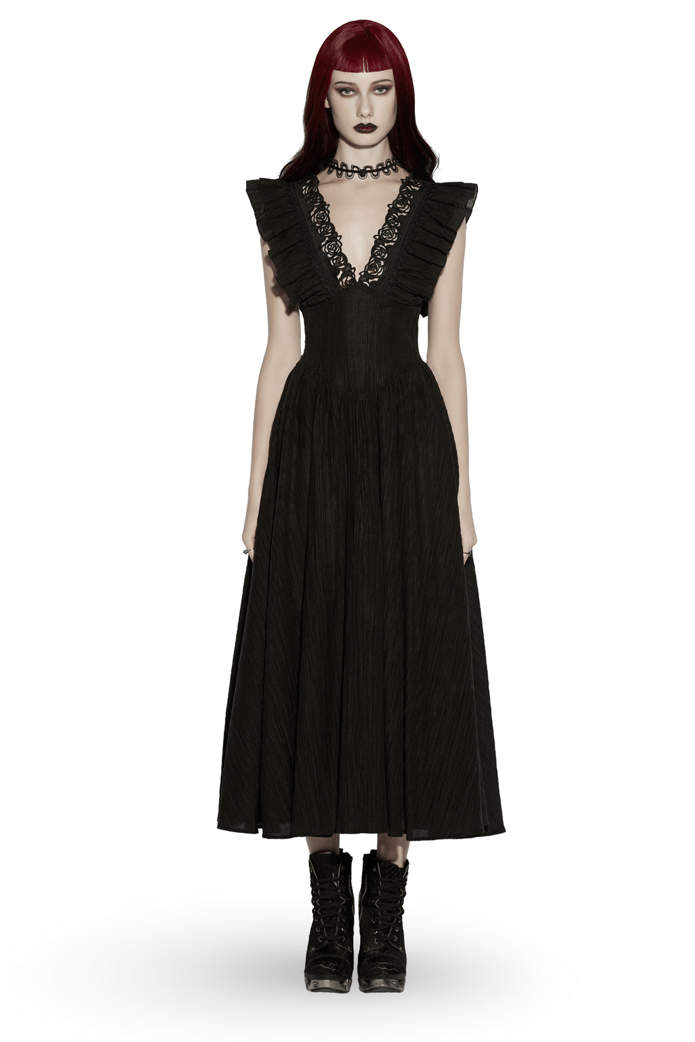 Black Gothic Maxi Dress with Lace V-Neck and Ruffle Sleeves
