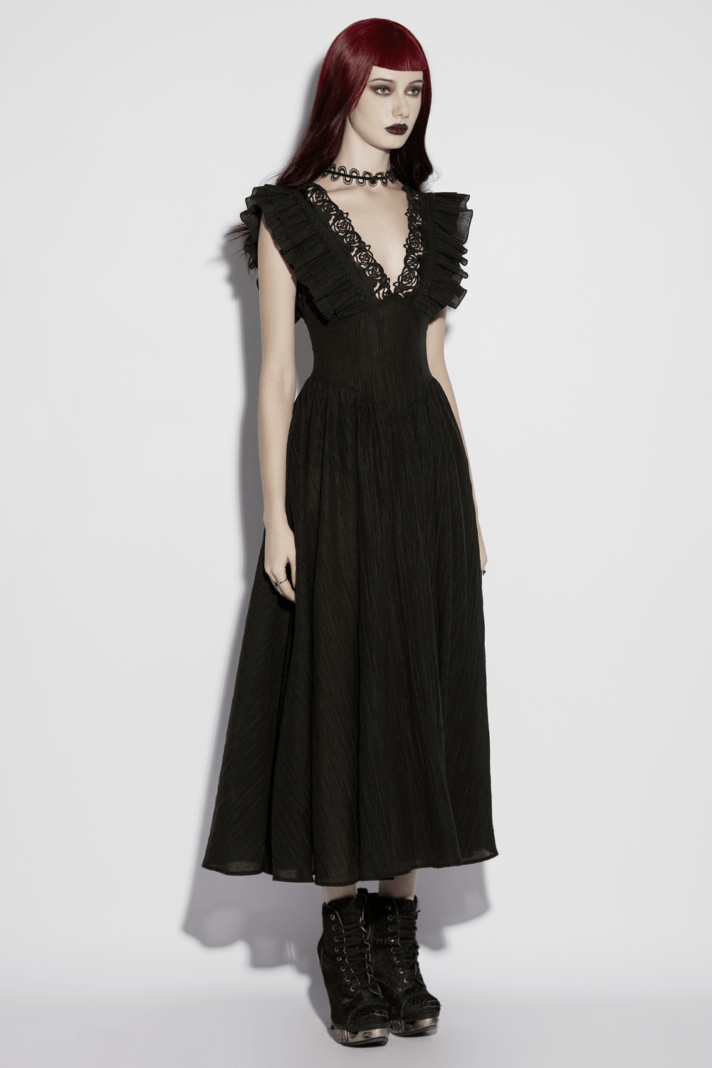 Black Gothic Maxi Dress with Lace V-Neck and Ruffle Sleeves