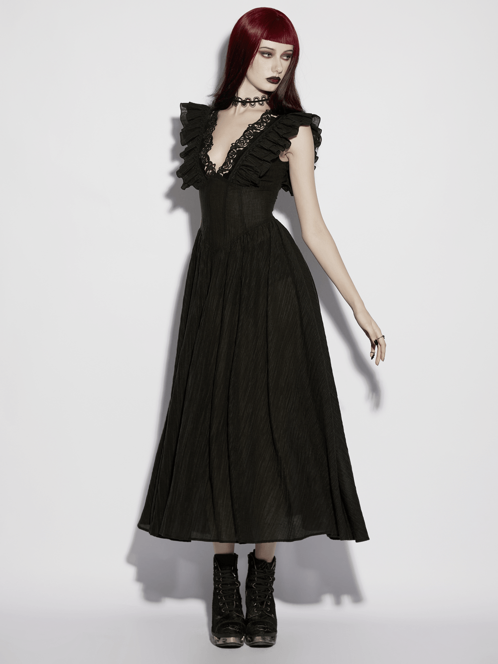 Black Gothic Maxi Dress with Lace V-Neck and Ruffle Sleeves