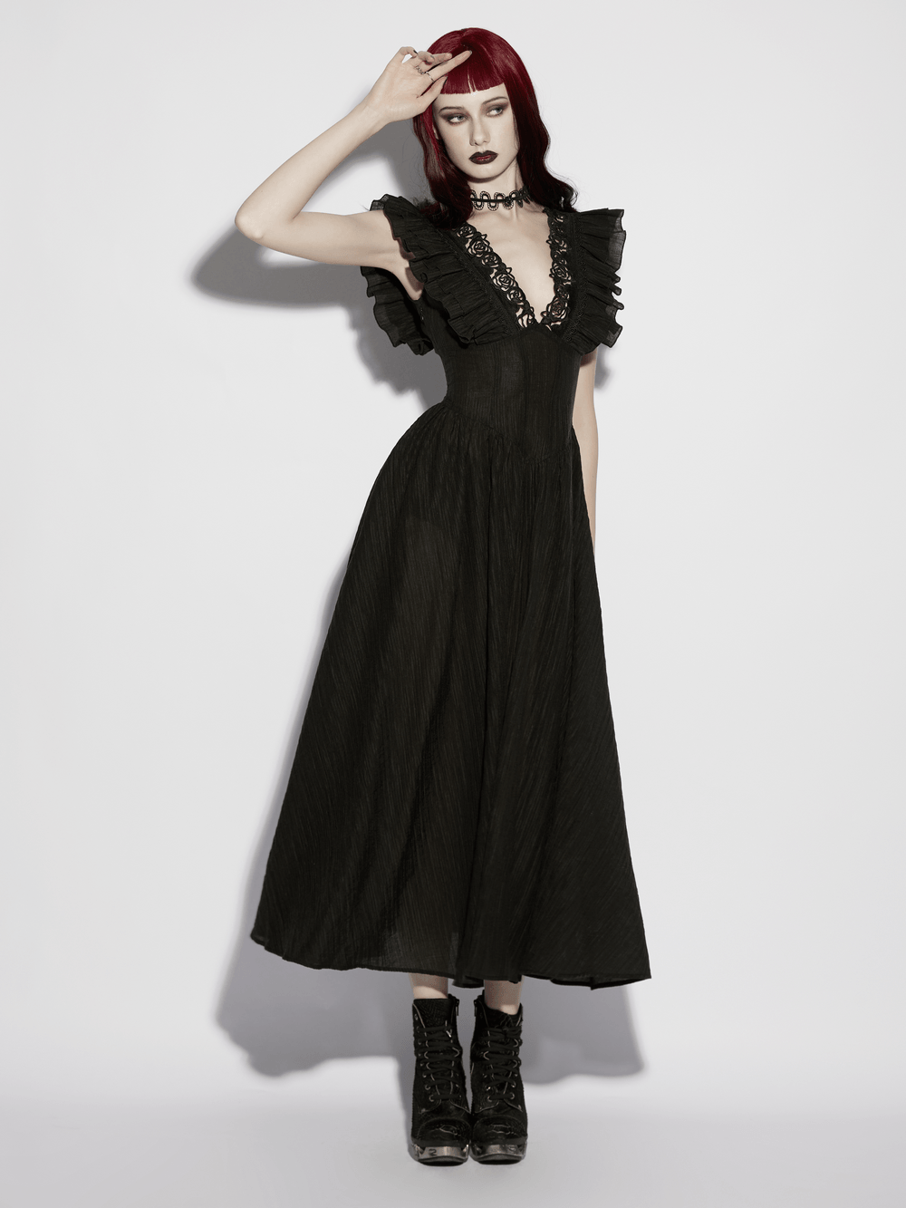 Black Gothic Maxi Dress with Lace V-Neck and Ruffle Sleeves
