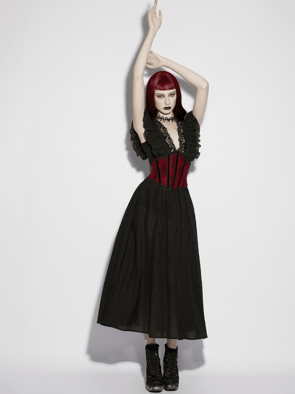 Black Gothic Maxi Dress with Lace V-Neck and Ruffle Sleeves