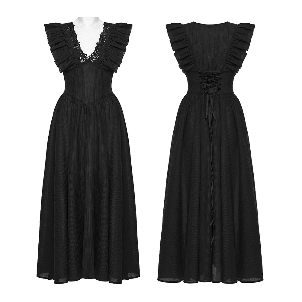 Black Gothic Maxi Dress with Lace V-Neck and Ruffle Sleeves