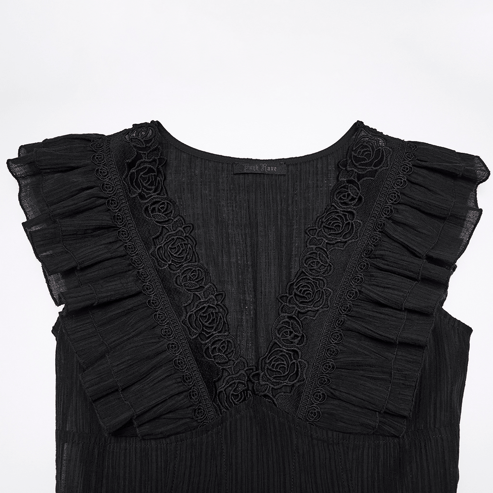 Black Gothic Maxi Dress with Lace V-Neck and Ruffle Sleeves
