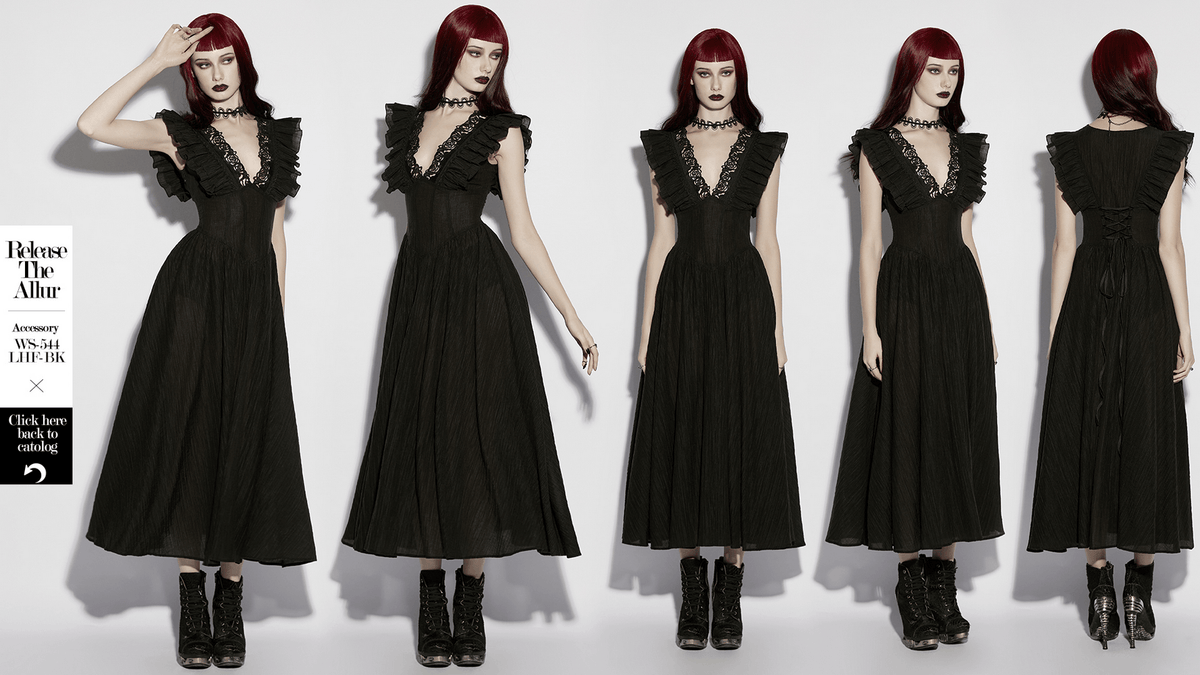 Black Gothic Maxi Dress with Lace V-Neck and Ruffle Sleeves
