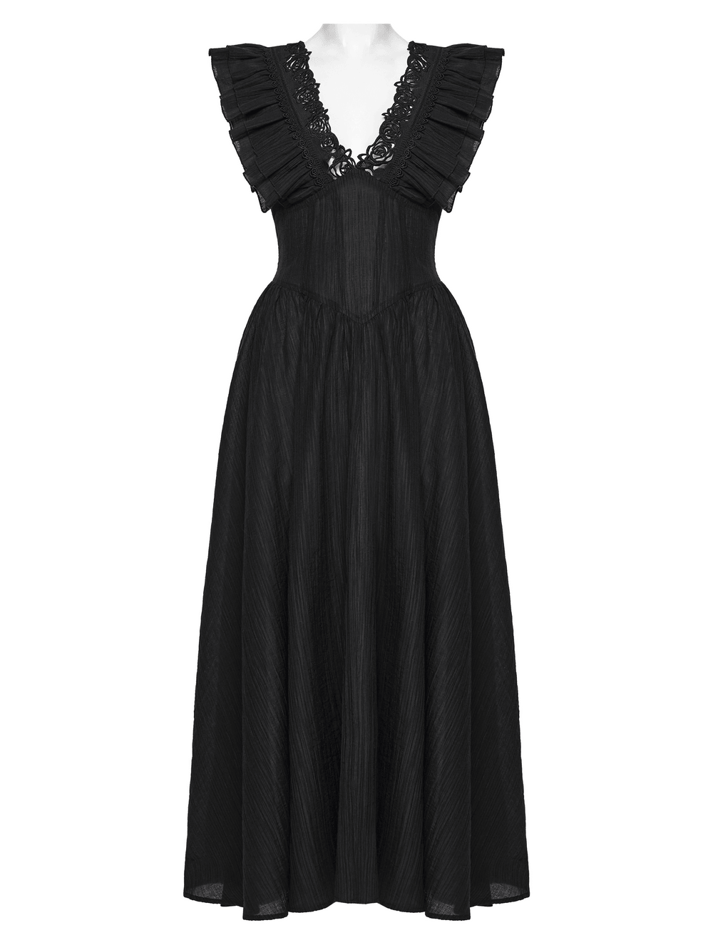 Black Gothic Maxi Dress with Lace V-Neck and Ruffle Sleeves
