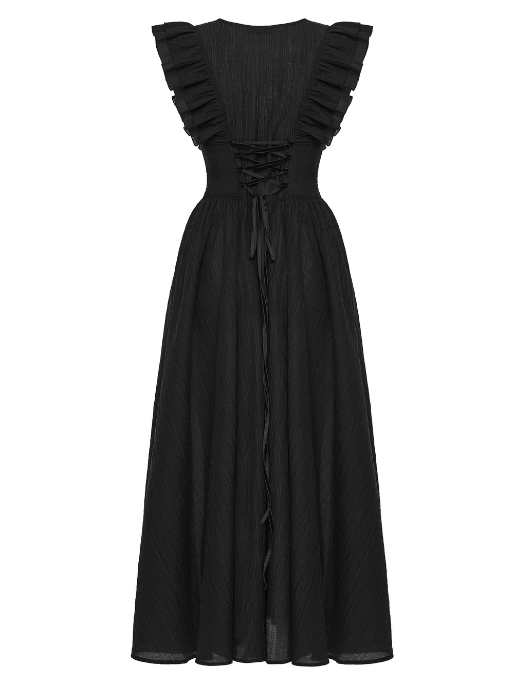 Black Gothic Maxi Dress with Lace V-Neck and Ruffle Sleeves