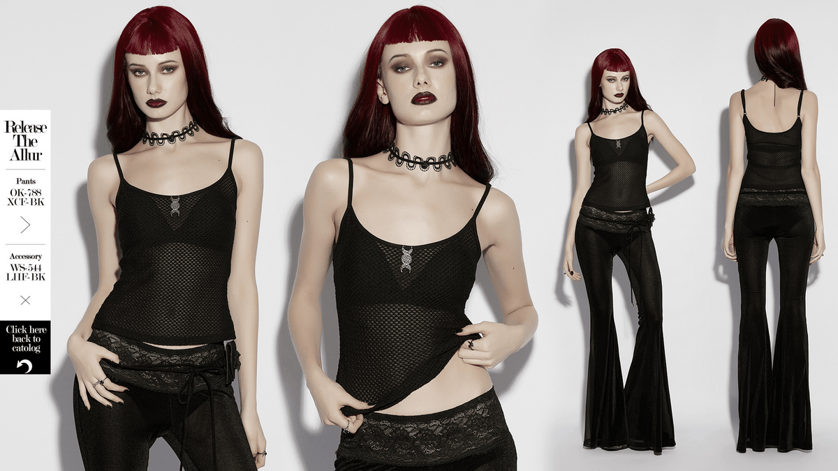 Black Gothic Mesh Camisole with Moon Charm Detail