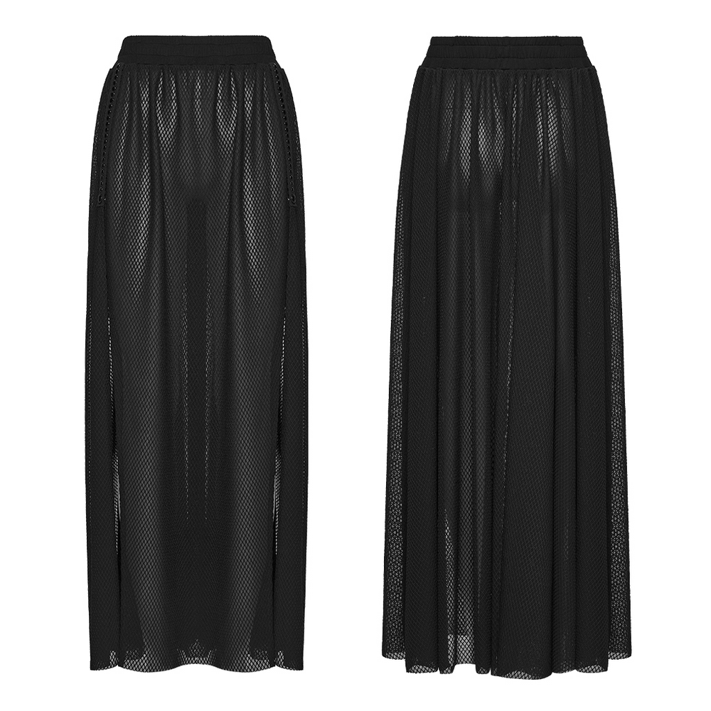 Black Gothic Mesh Maxi Skirt with Side Slit Detail