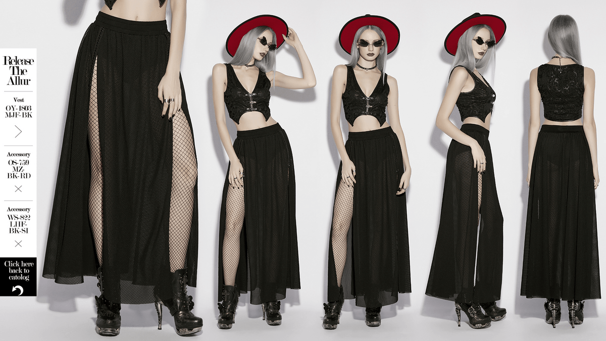 Black Gothic Mesh Maxi Skirt with Side Slit Detail