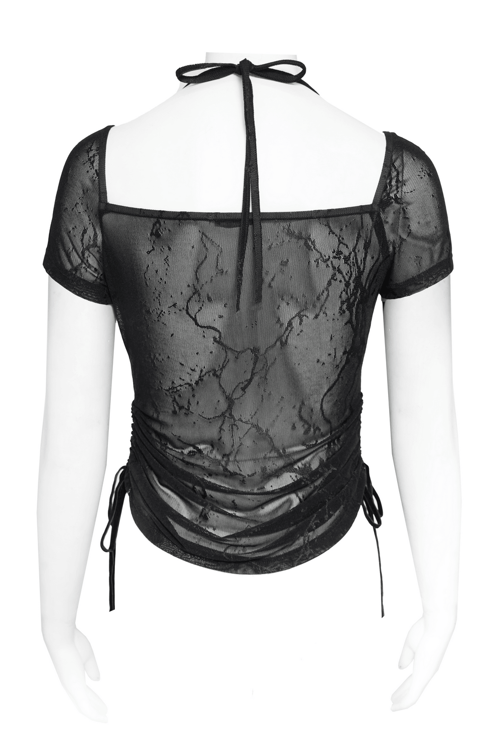 Black Gothic Mesh Short-Sleeved Top with Chains and Lacing