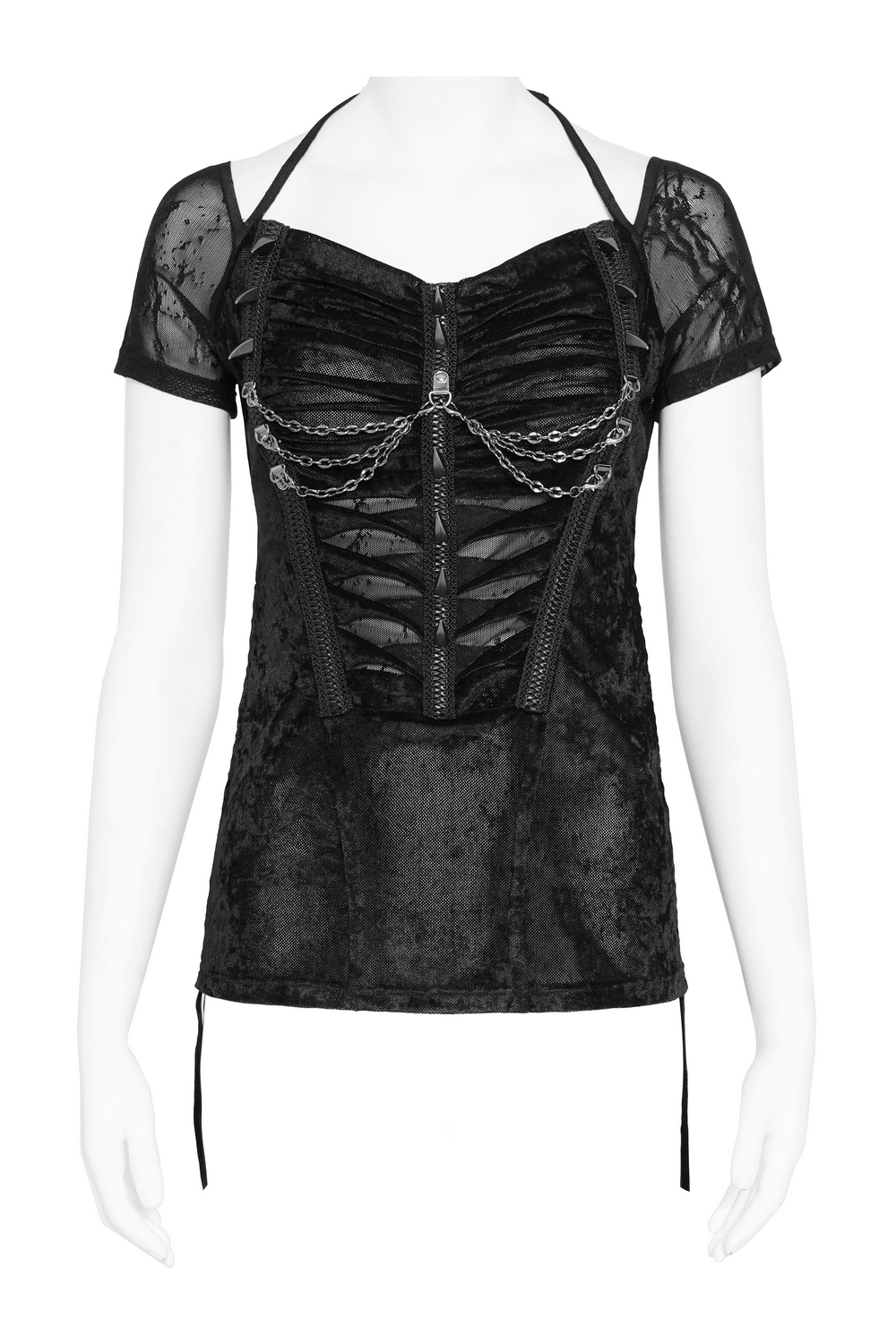 Black Gothic Mesh Short-Sleeved Top with Chains and Lacing