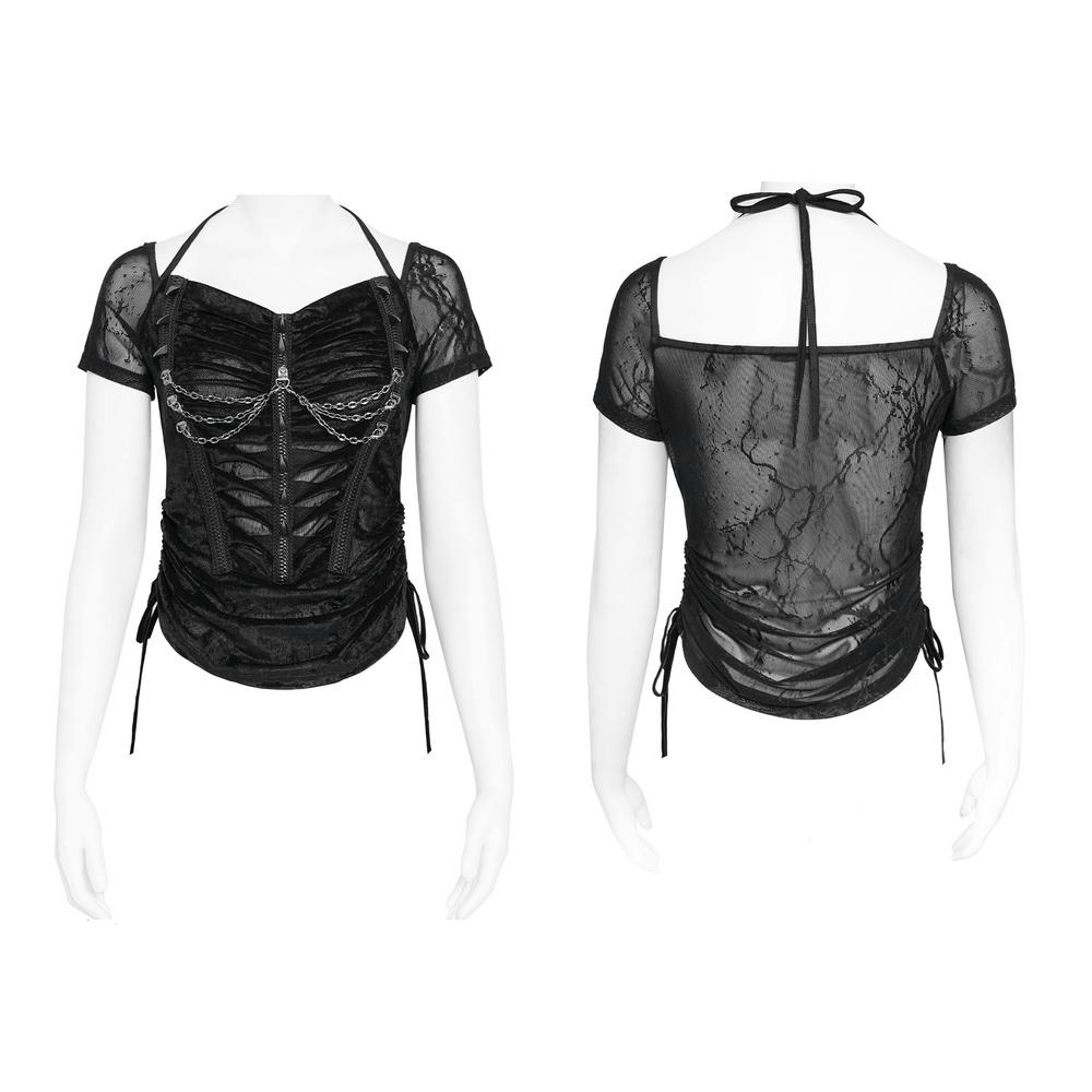 Black Gothic Mesh Short-Sleeved Top with Chains and Lacing