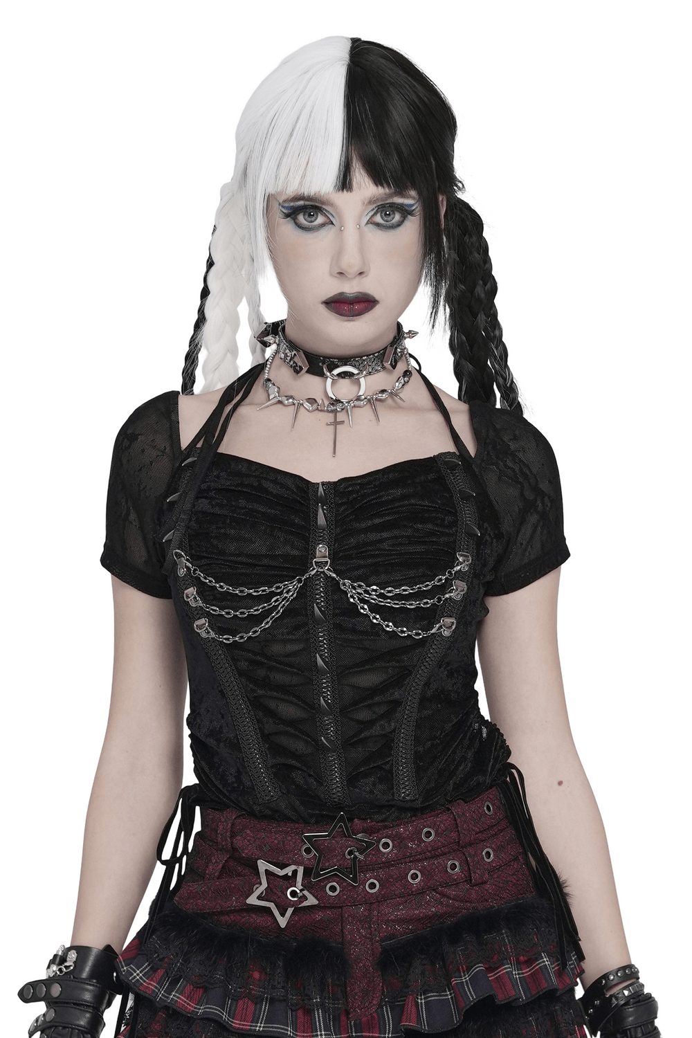 Black Gothic Mesh Short-Sleeved Top with Chains and Lacing