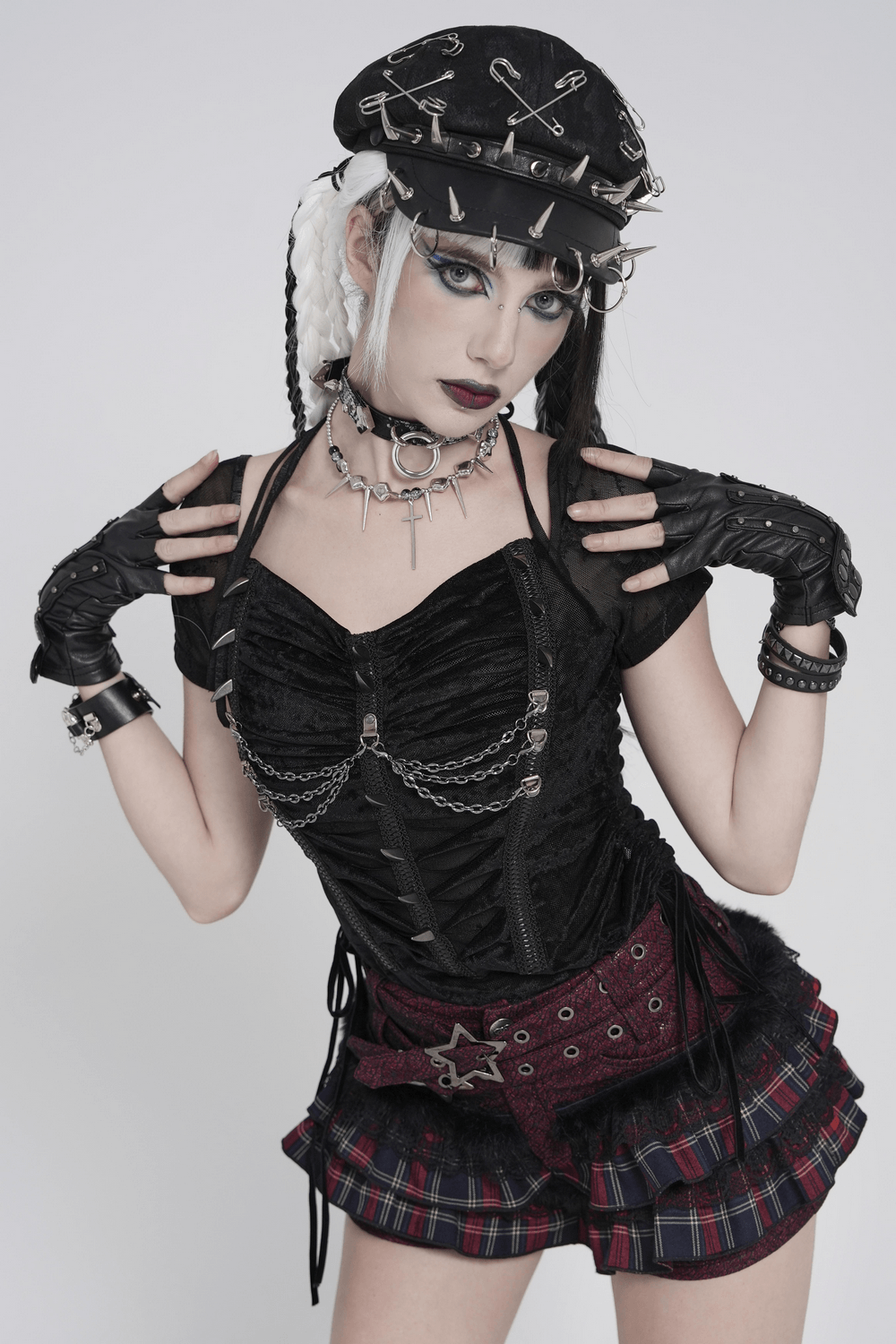 Black Gothic Mesh Short-Sleeved Top with Chains and Lacing