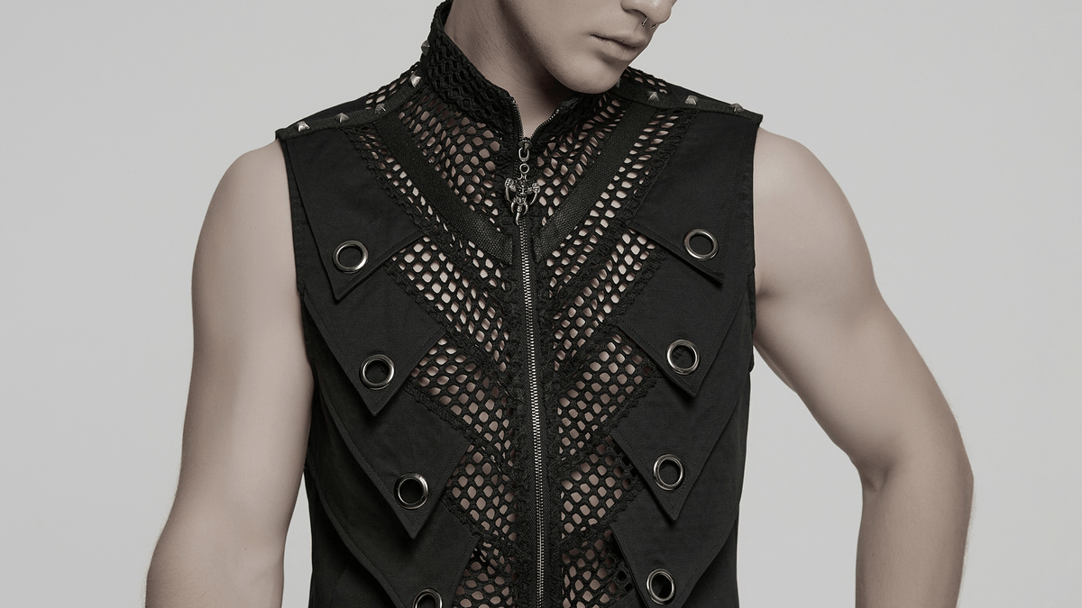 Black Gothic Mesh Vest with Metal Eyelet Accents