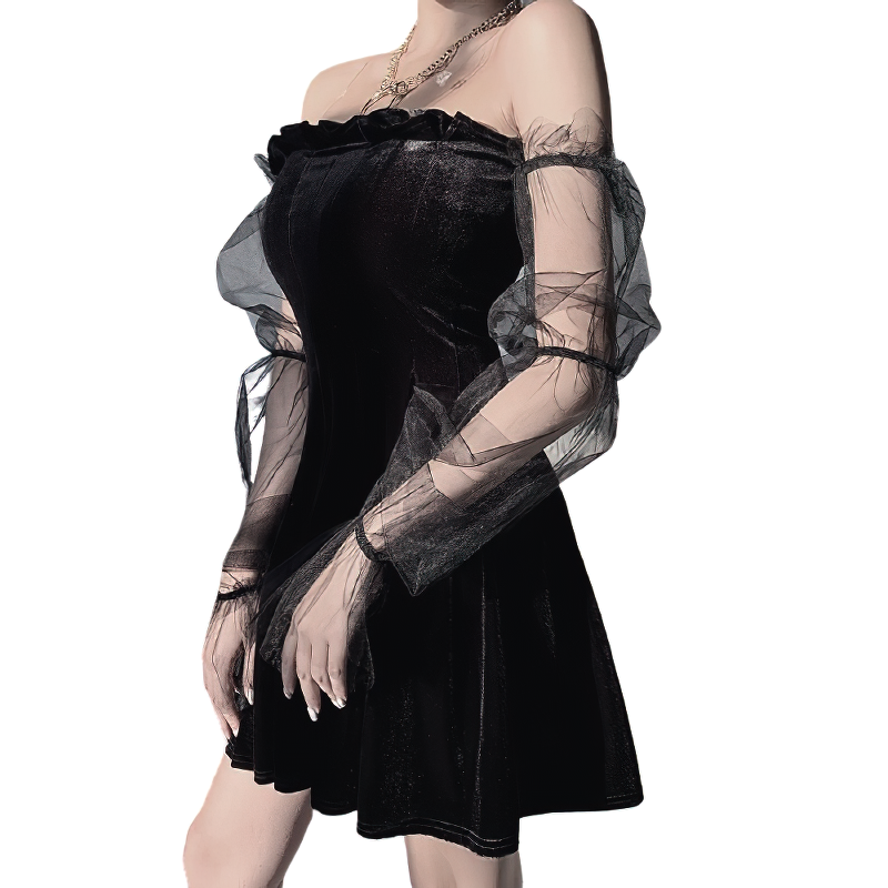 Black Gothic Mini Dress for Women / Sexy Off Shoulder Dress / Punk Rock Dress with Long Sleeve