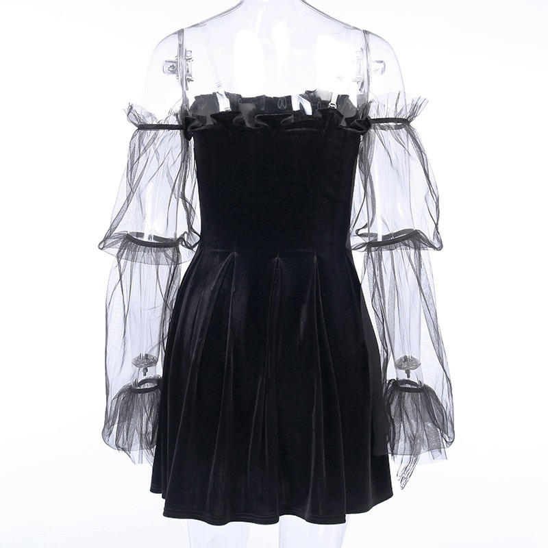 Black Gothic Mini Dress for Women / Sexy Off Shoulder Dress / Punk Rock Dress with Long Sleeve