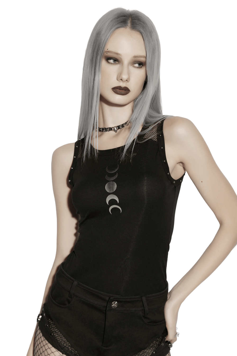 Black Gothic Moon Phase Mesh Tank Top with Rivet Trim