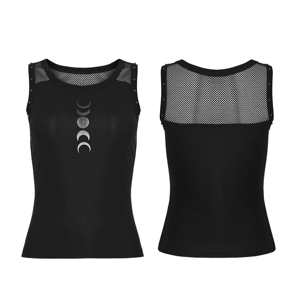 Black Gothic Moon Phase Mesh Tank Top with Rivet Trim