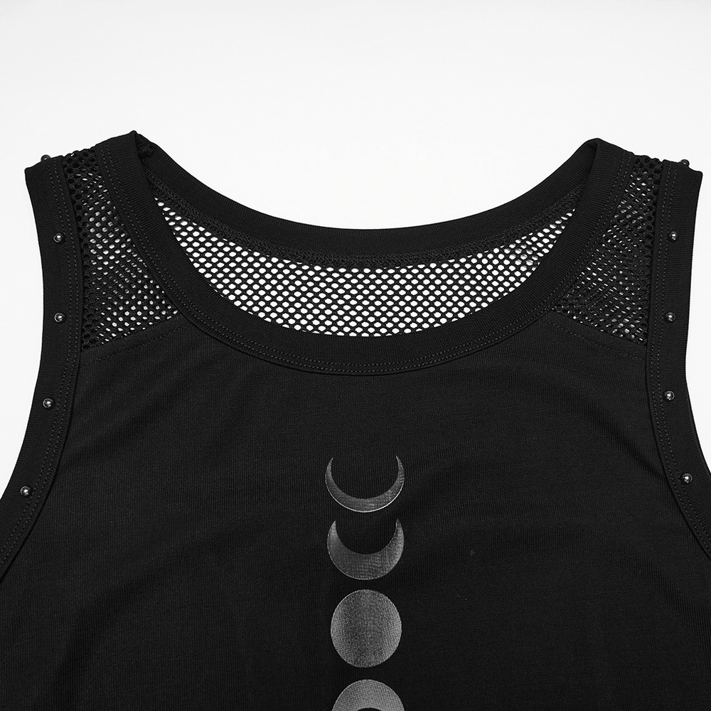 Black Gothic Moon Phase Mesh Tank Top with Rivet Trim