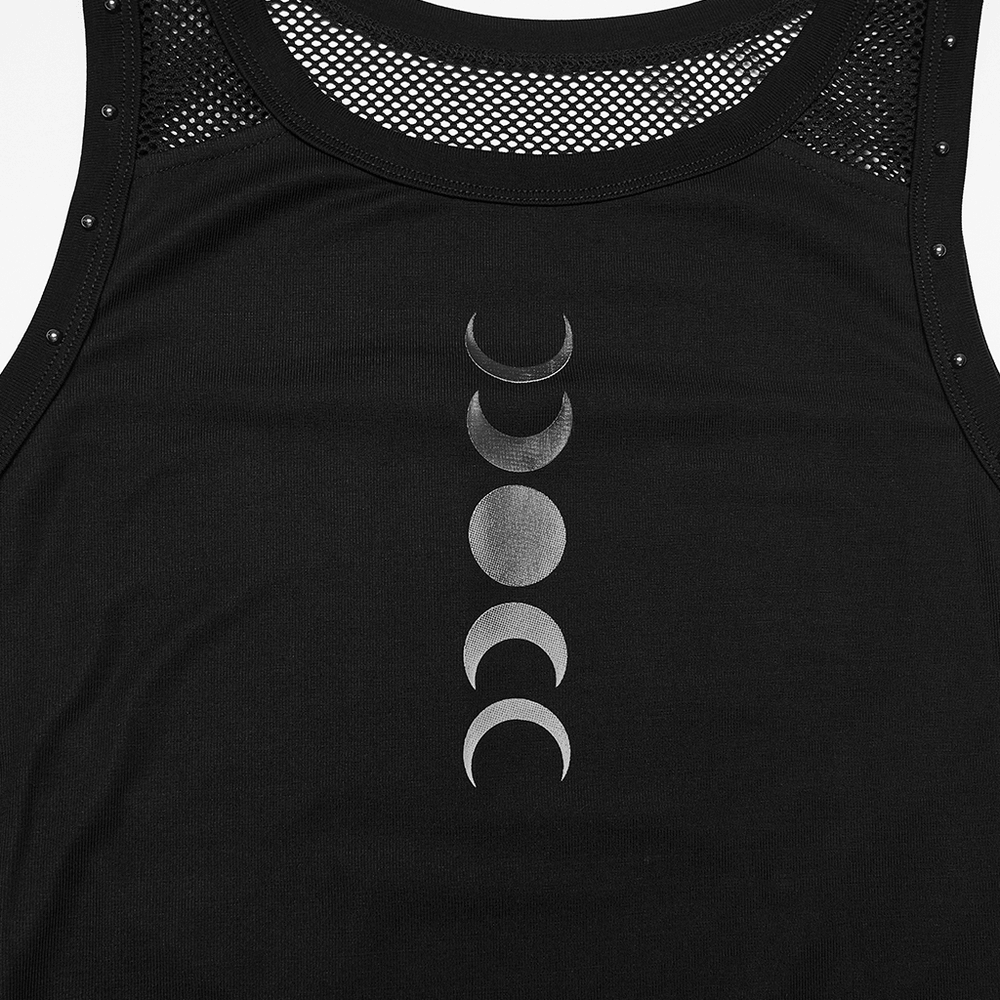 Black Gothic Moon Phase Mesh Tank Top with Rivet Trim
