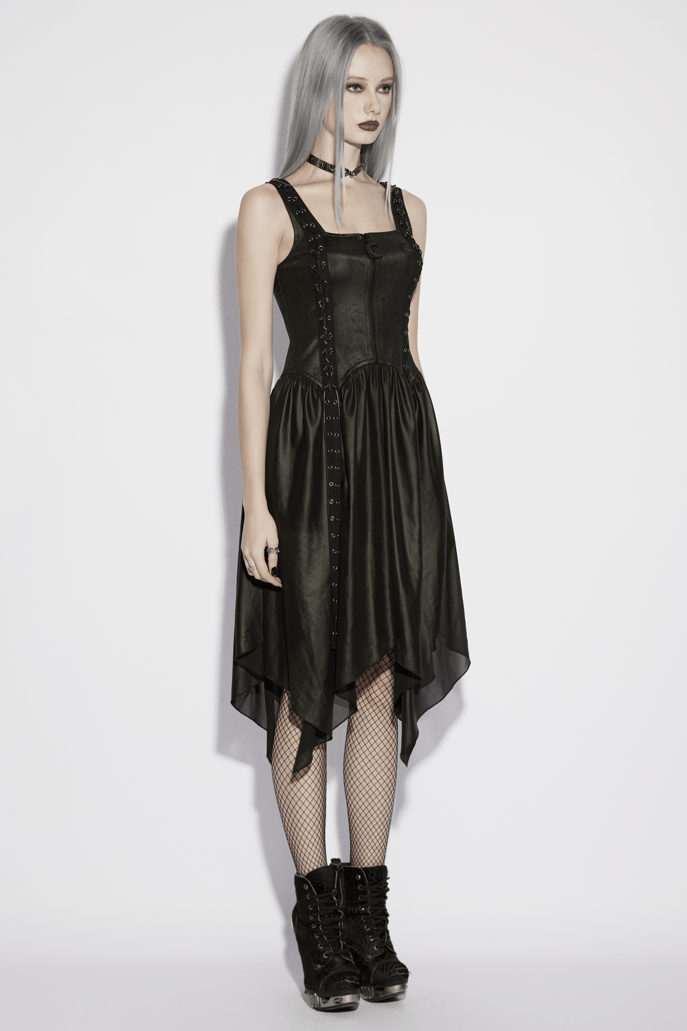 Black Gothic Moon Zip Handkerchief Hem Midi Dress