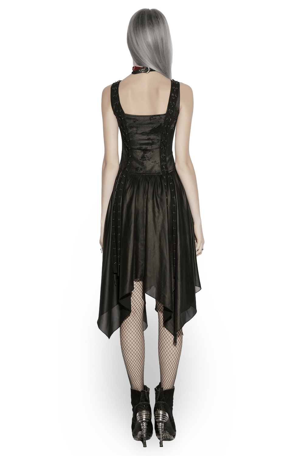 Black Gothic Moon Zip Handkerchief Hem Midi Dress