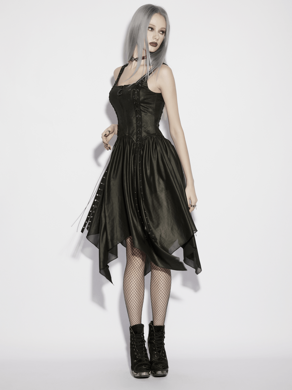 Black Gothic Moon Zip Handkerchief Hem Midi Dress
