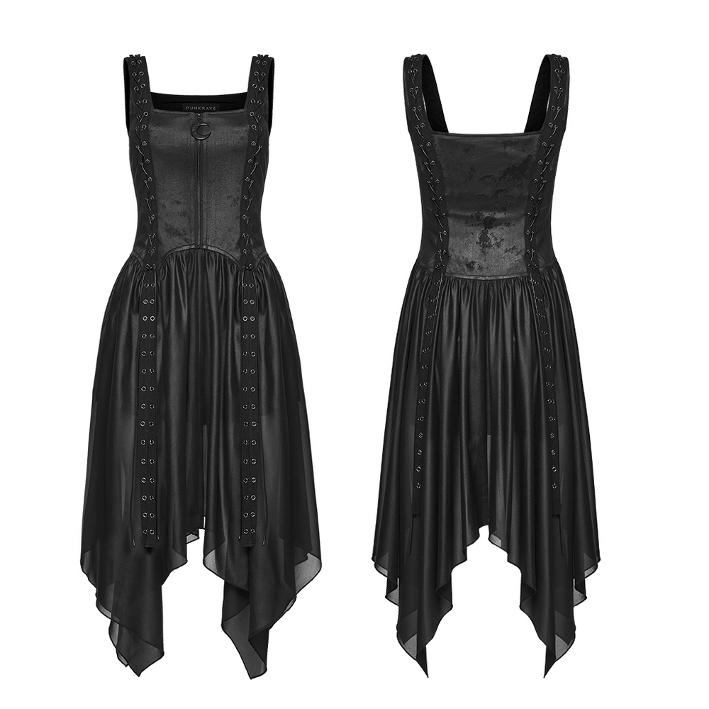 Black Gothic Moon Zip Handkerchief Hem Midi Dress