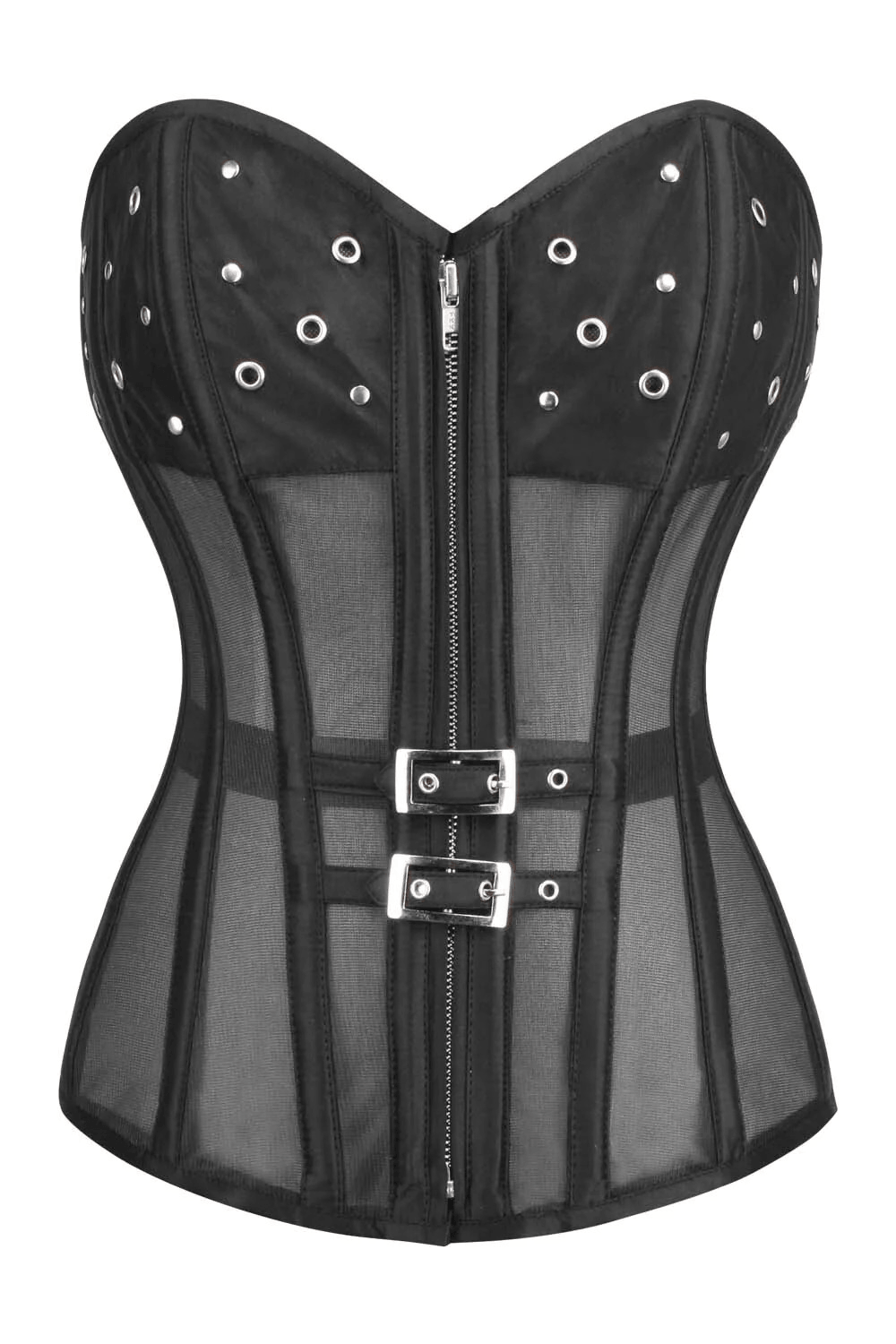 Black Gothic Overbust Corset with Buckles and Sheer Overlays