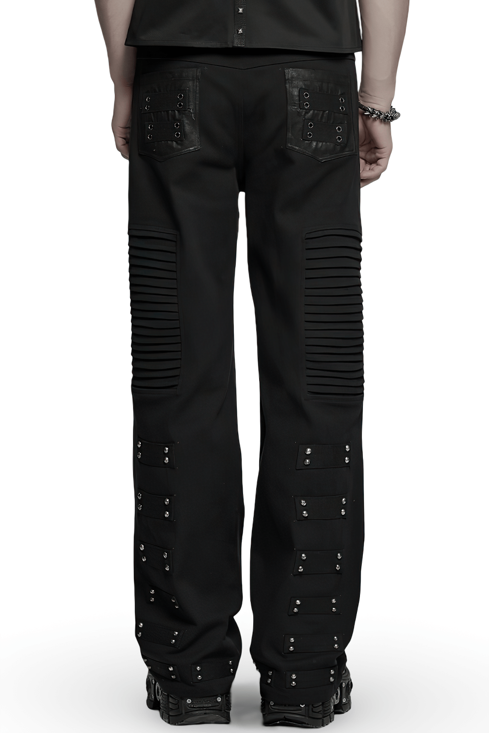 Black Gothic Pants with Pleated Panels and Rivets