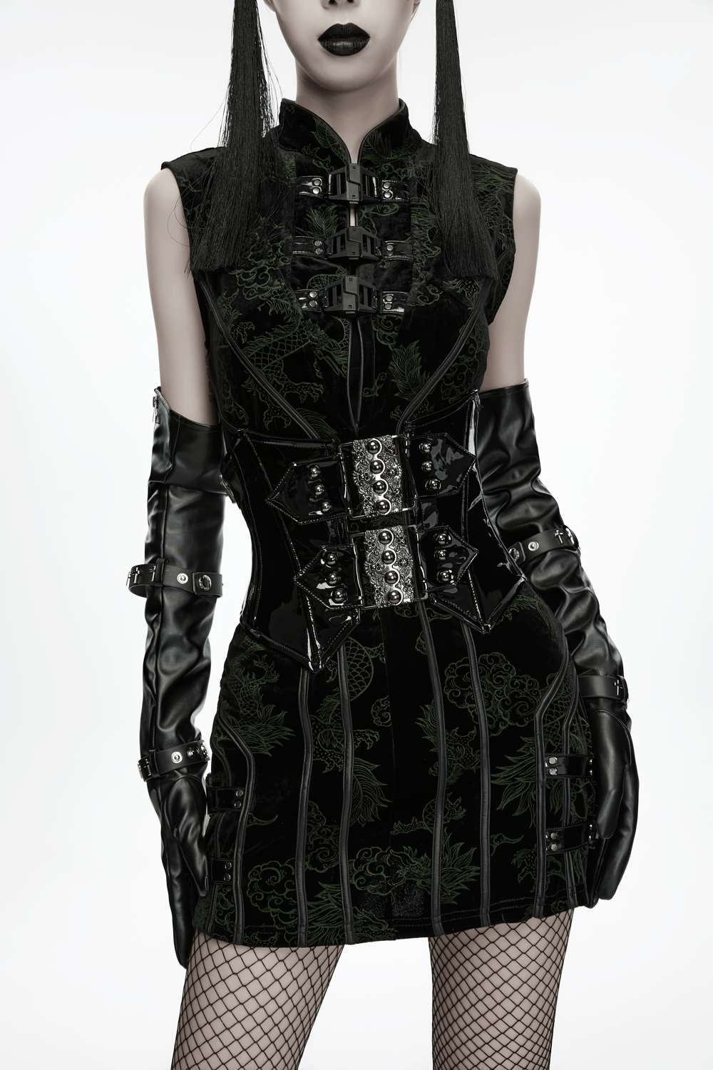 Black Gothic Patent Corset Belt with Skull Buckles