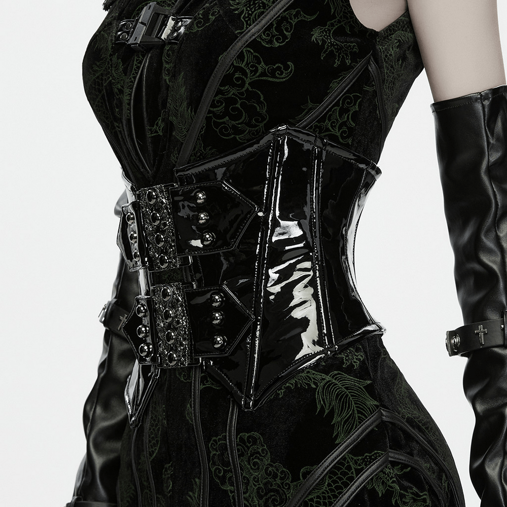Black Gothic Patent Corset Belt with Skull Buckles