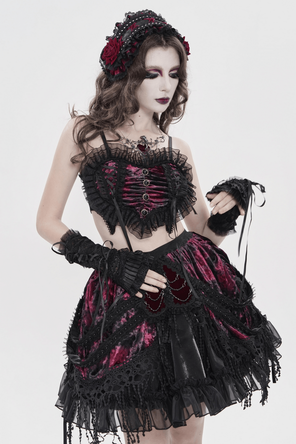 Black Gothic Rose Bonnet with Lace Ruffles and Studs