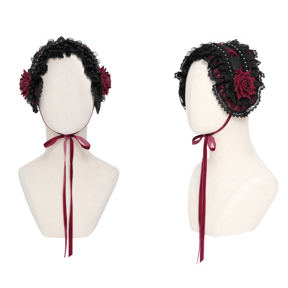 Black Gothic Rose Bonnet with Lace Ruffles and Studs