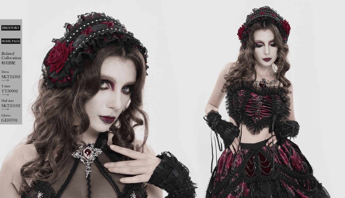 Black Gothic Rose Bonnet with Lace Ruffles and Studs