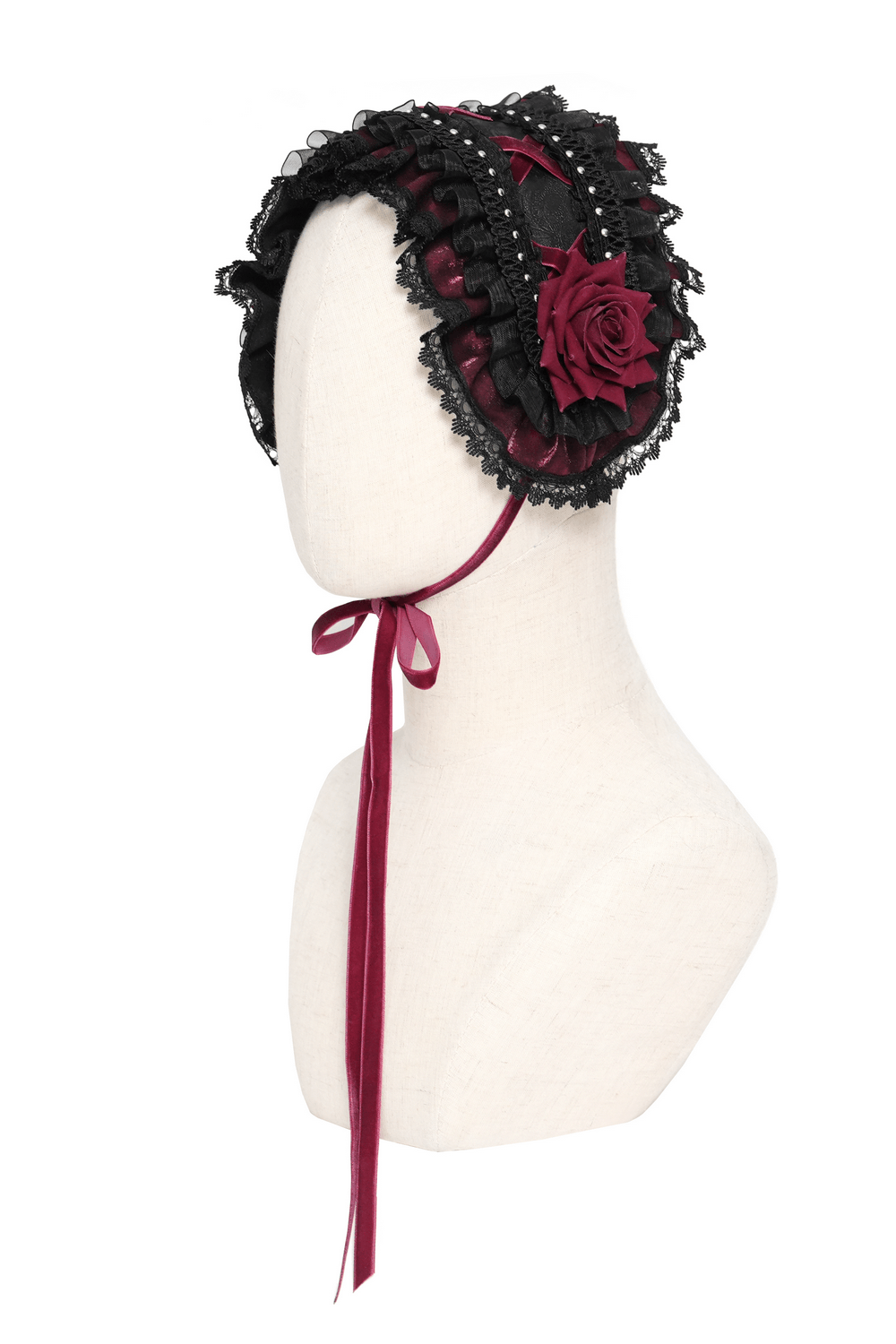 Black Gothic Rose Bonnet with Lace Ruffles and Studs