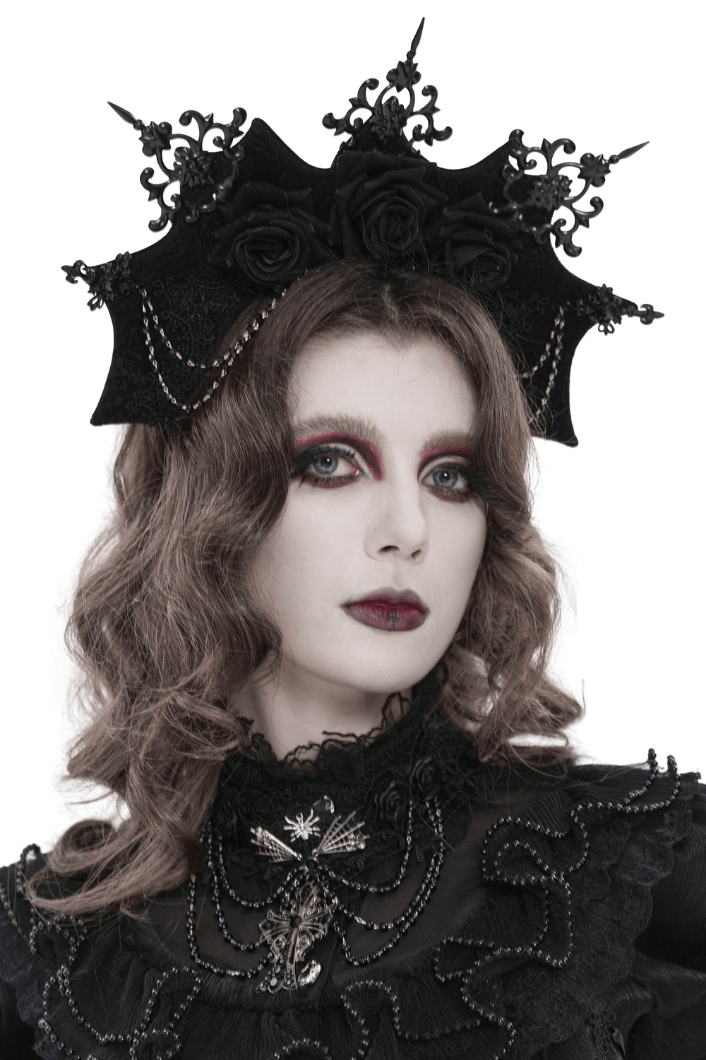 Black Gothic Rose Crown Headpiece With Lace Wings