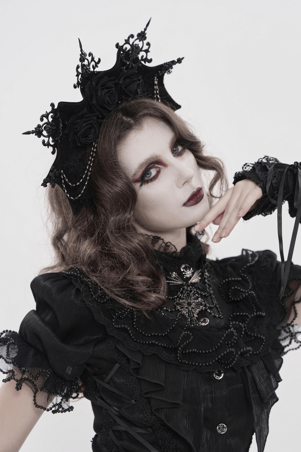 Black Gothic Rose Crown Headpiece With Lace Wings