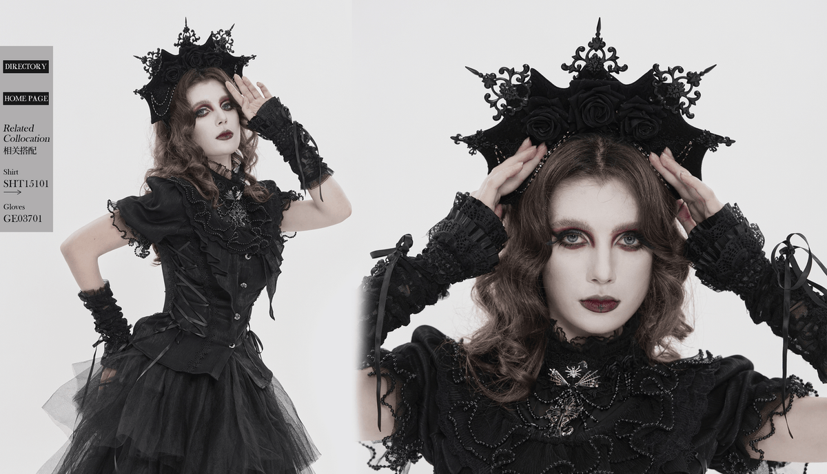 Black Gothic Rose Crown Headpiece With Lace Wings