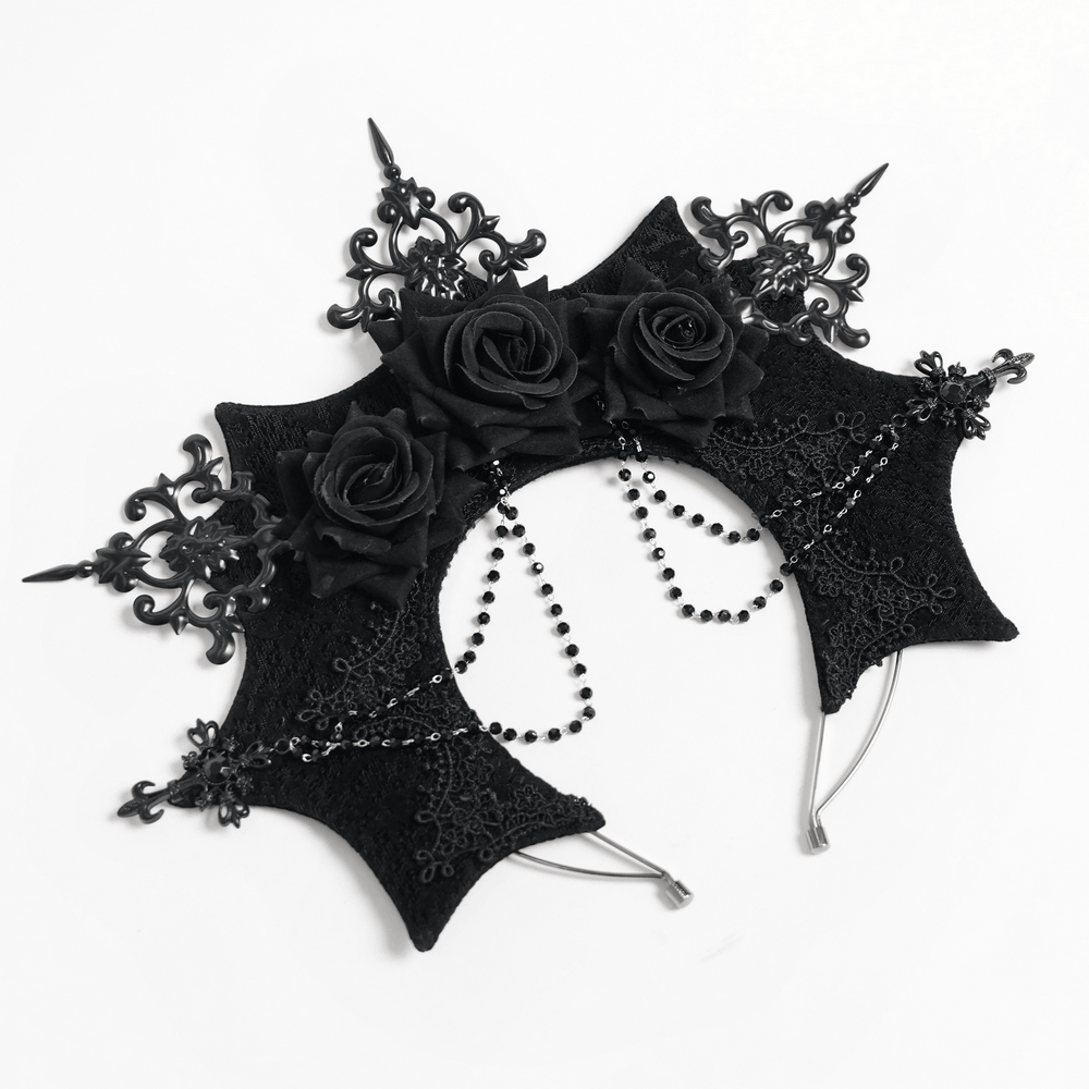Black Gothic Rose Crown Headpiece With Lace Wings