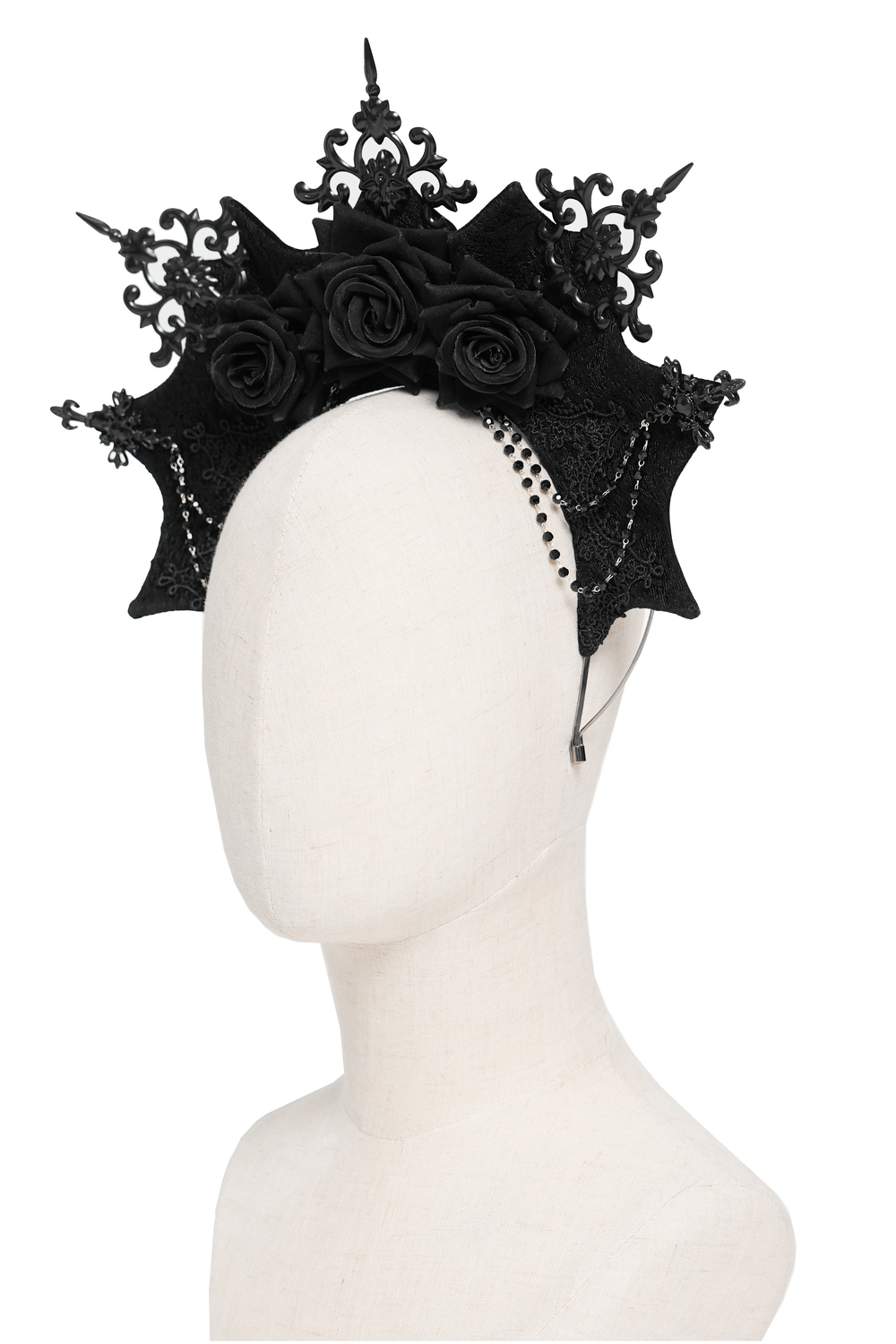 Black Gothic Rose Crown Headpiece With Lace Wings