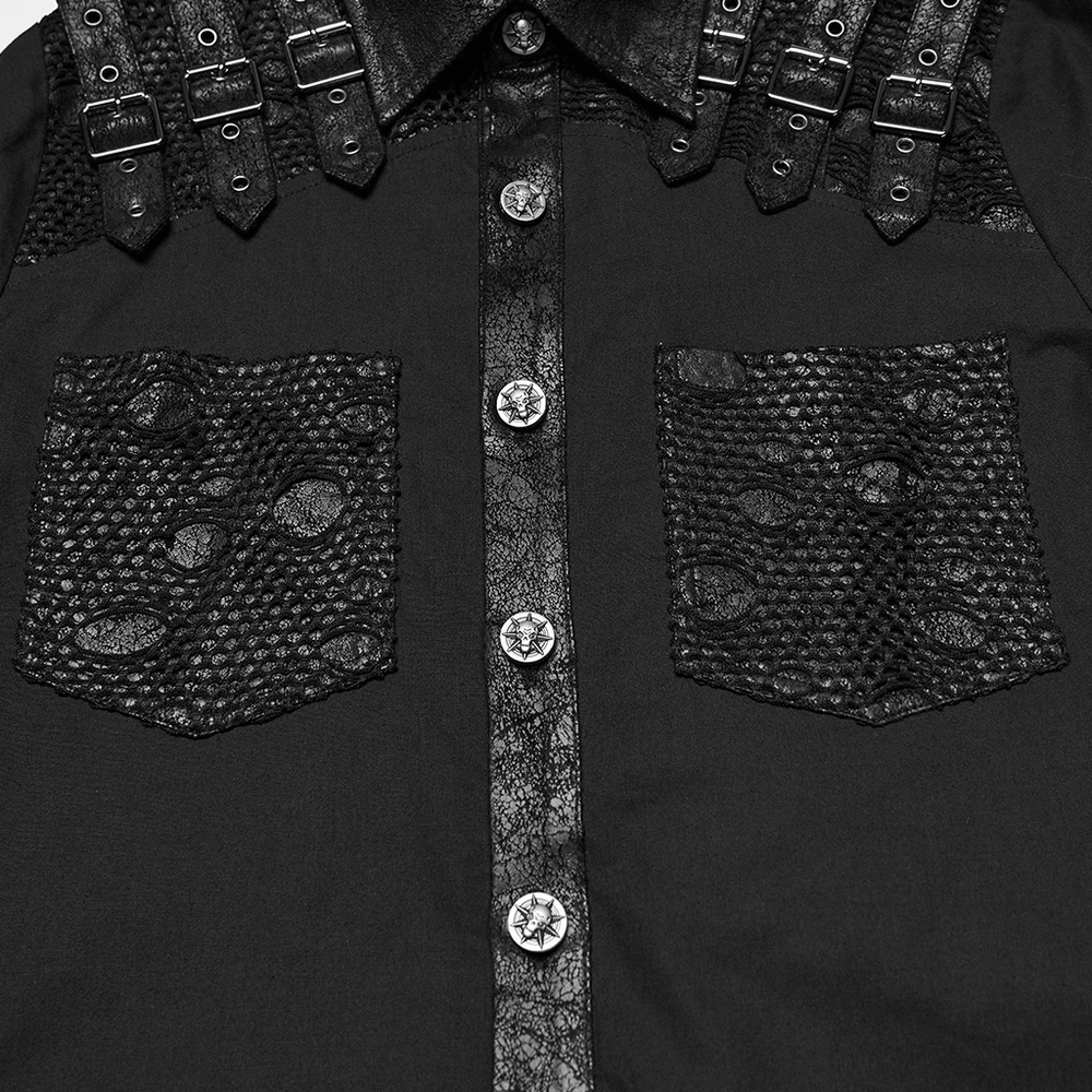 Black Gothic Shirt with Buckle Shoulder and Mesh Detail