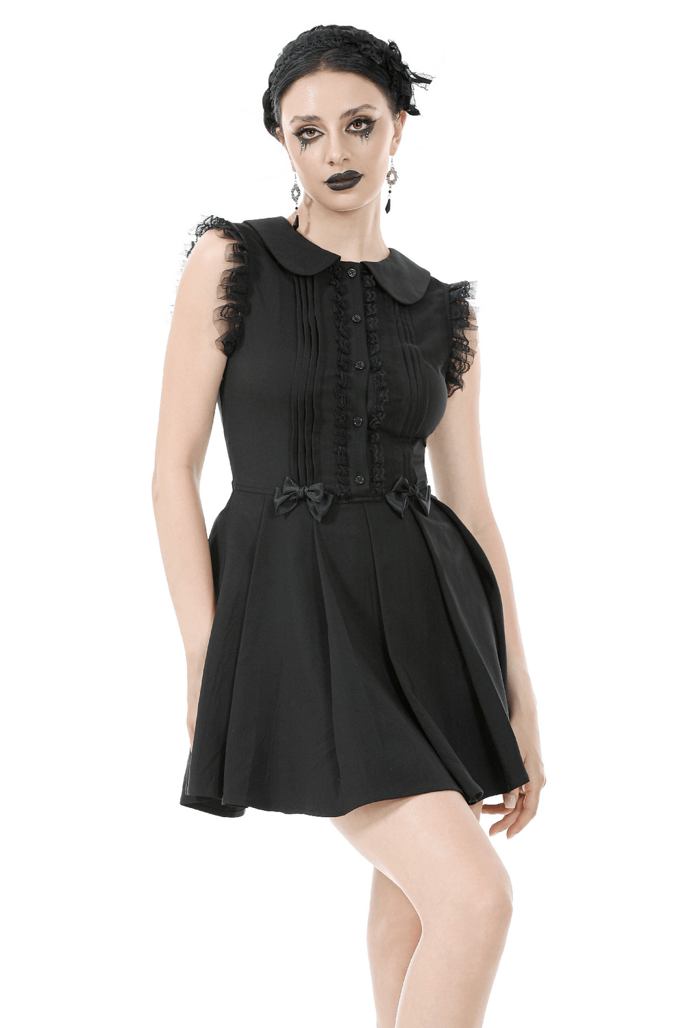 Black Gothic Sleeveless Dress with Lace Trim and Bows